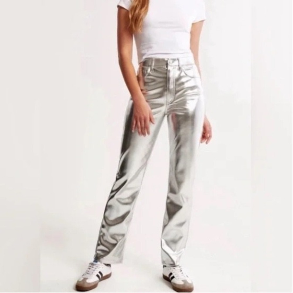 Abercrombie 90s Straight Ultra High Rise Faux Leather Pants Metallic Silver